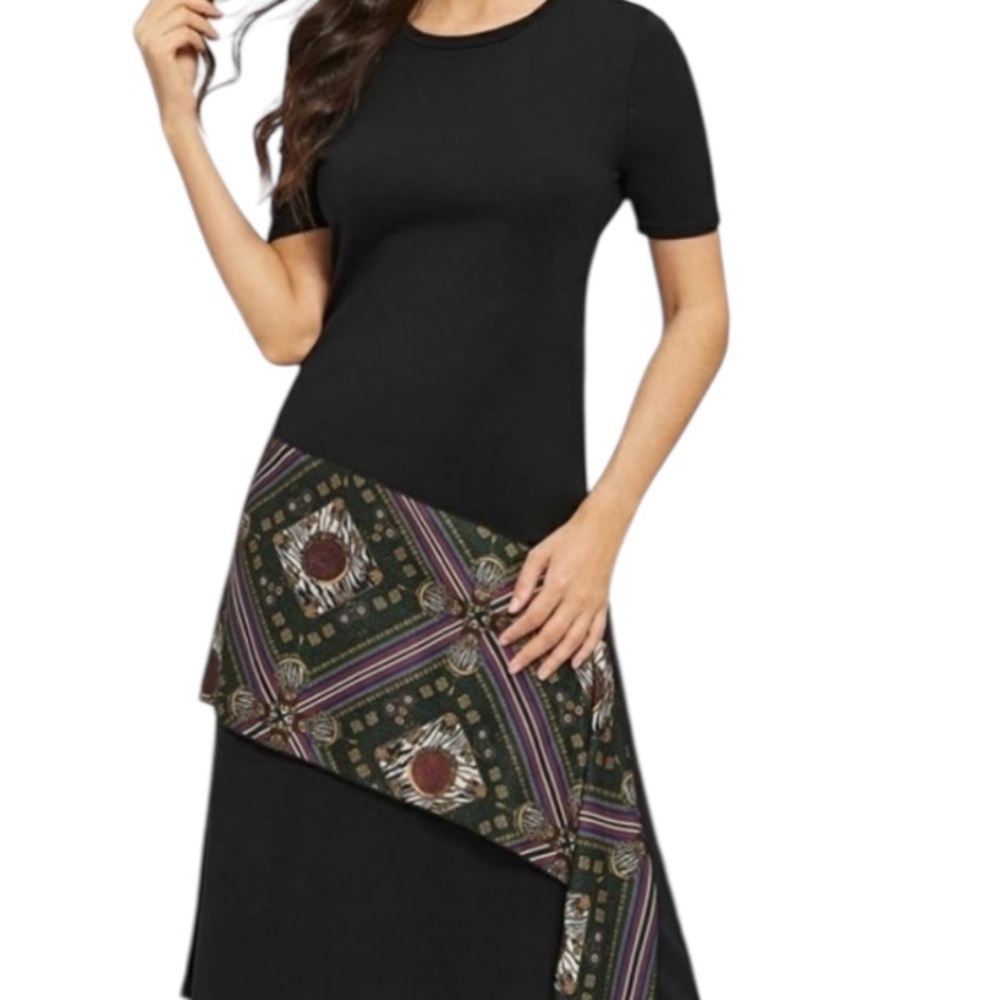 Zara Basics Black Short Sleeve T-shirt  Dress with Geometric Pattern Scarf M